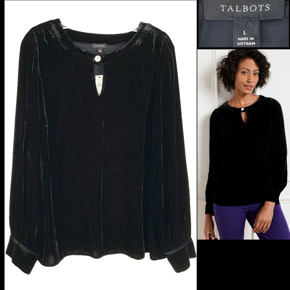 New Talbots Black Velvet Long-Sleeve Top Rhinestone Embellished  Sz L